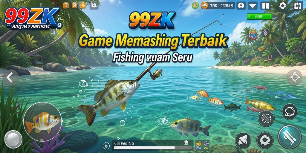 Screenshot gameplay 99ZK menunjukkan keseruan memancing di alam yang indah.