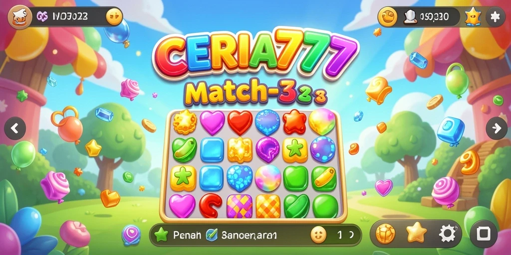 Tampilan gameplay CERIA777 dengan berbagai warna cerah dan tantangan Match-3.