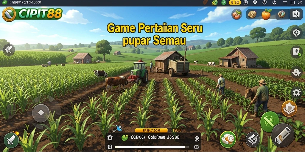 Tampilan gameplay CIPIT88 dengan pemandangan ladang yang hijau dan hewan ternak.