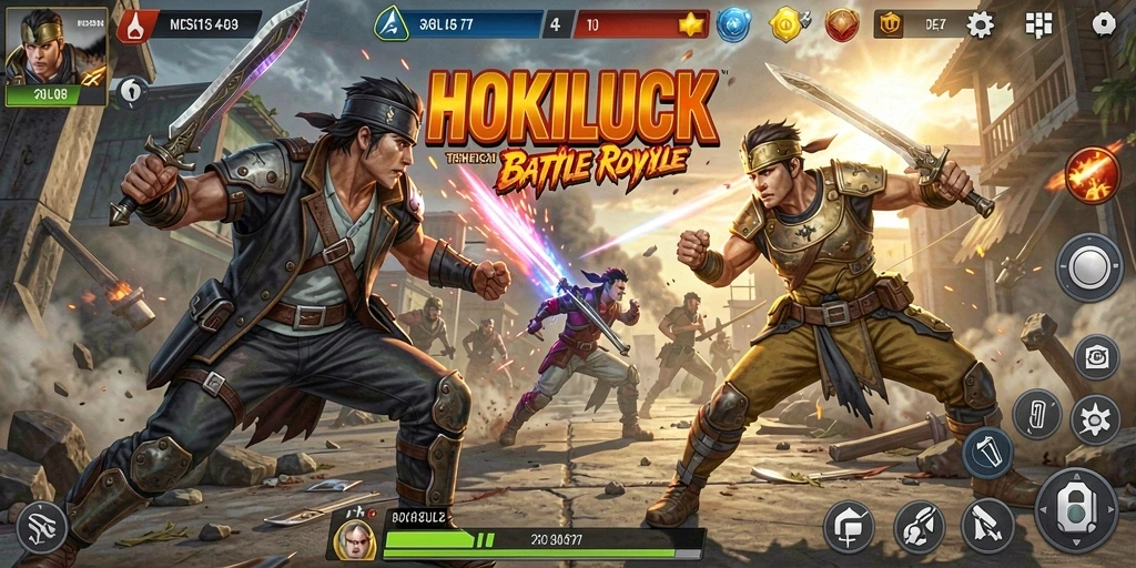 Tampilan gameplay seru di HOKILUCK dengan aksi Battle Royale mendebarkan.