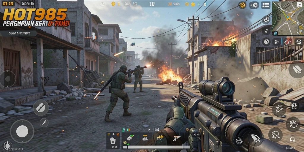 Tangkapan layar gameplay HOT985 menampilkan aksi tembak-menembak yang intens.