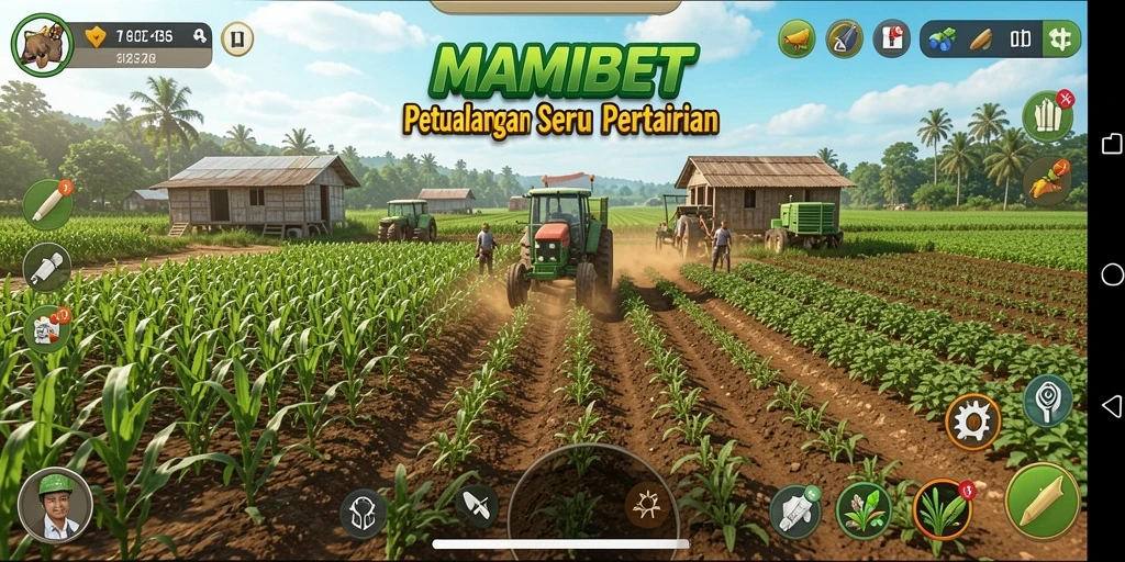 Tampilan gameplay MAMIBET dengan kebun yang rimbun dan hewan ternak.
