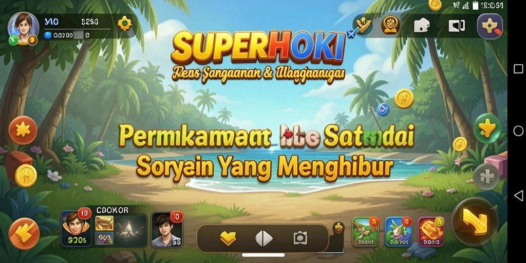 Tampilan gameplay SUPERHOKI yang ceria dan penuh warna.