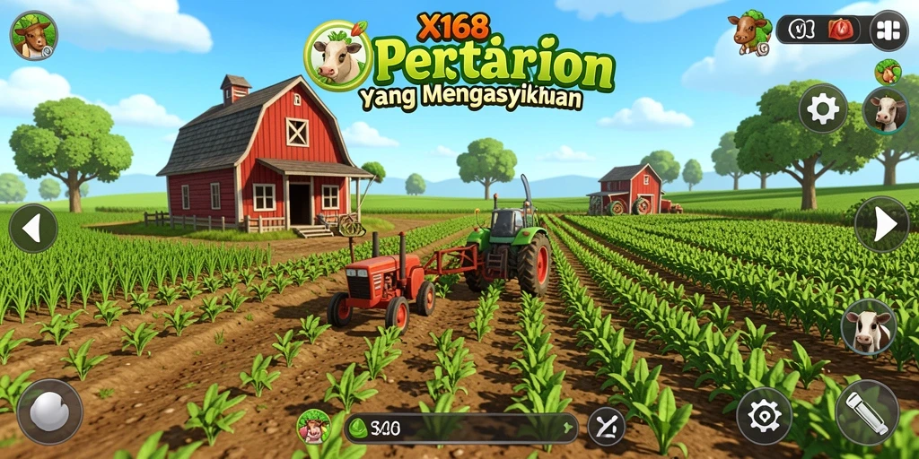 Tangkapan layar utama X168 menampilkan aktivitas pertanian yang seru.